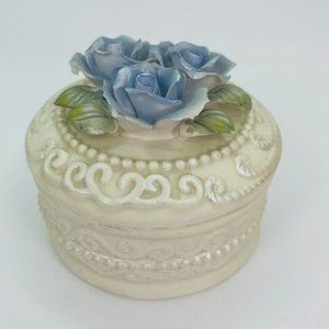 Porcelain Blue Floral Trinket Jewelry Round Box with Lid Raised Flowers 3.5x2.75